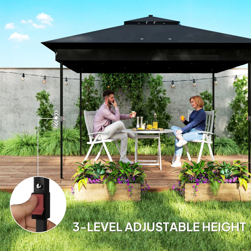 3m x 3m Black Pop Up Gazebo Party Tent with Solar-Powered LED Lights and Adjustable Netting