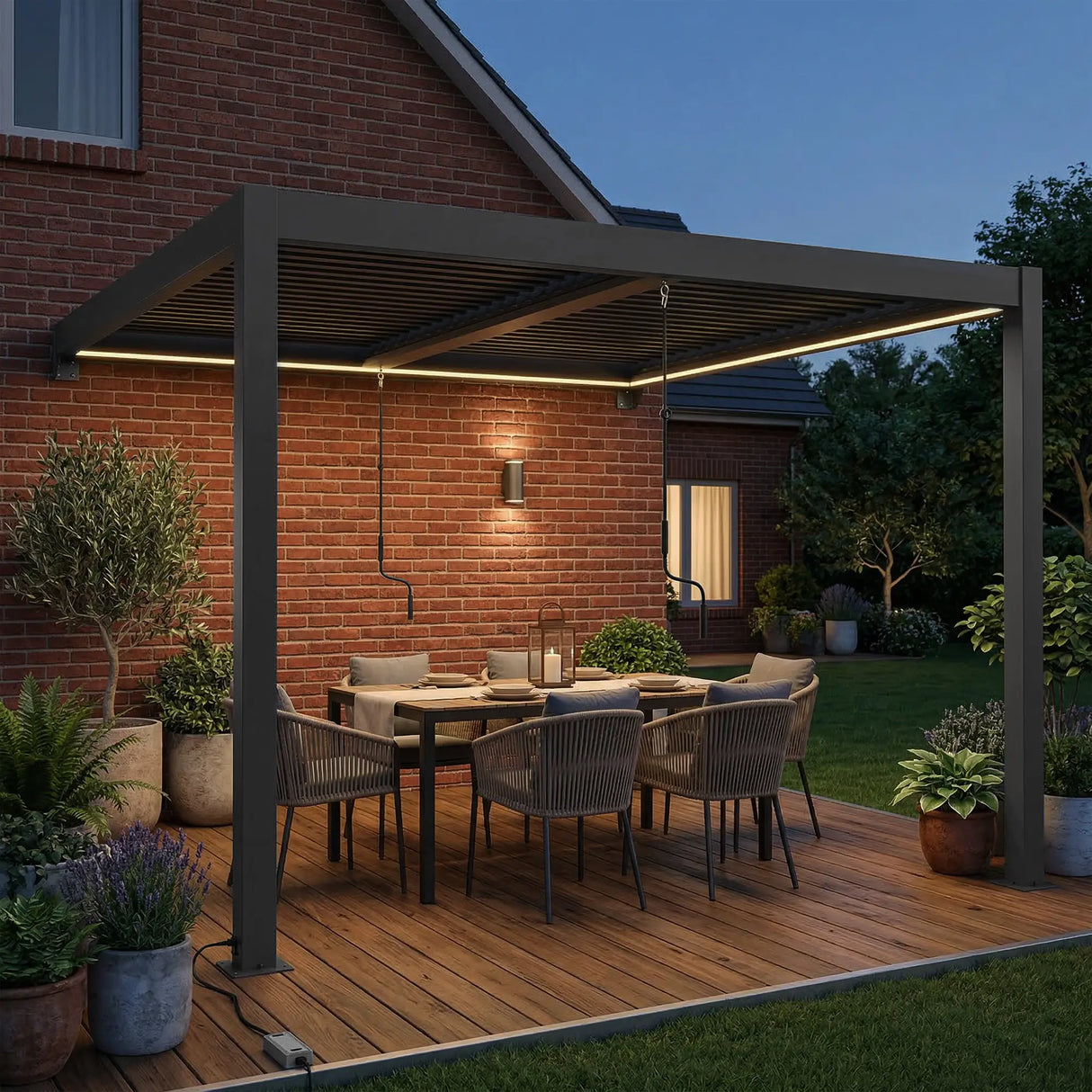 3x3m Wall Mounted Louvered Pergola with LED Lights, Aluminium Frame & Adjustable Metal Roof – Dark Grey Patio Gazebo