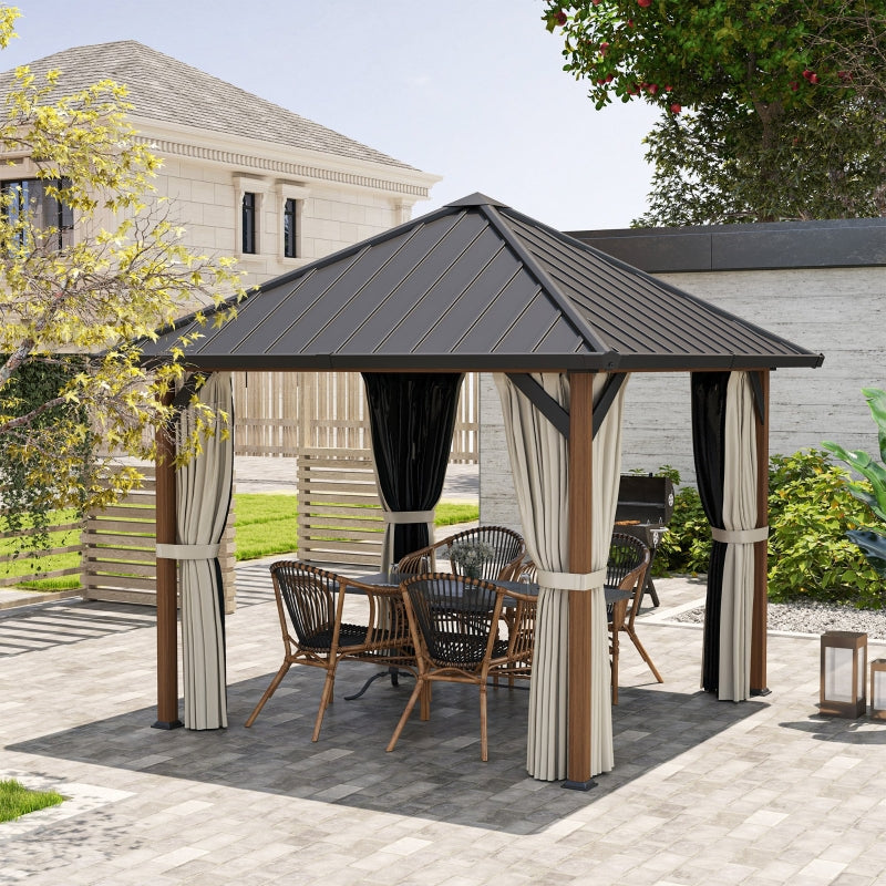 3x3m Hardtop Gazebo - Waterproof Galvanised Steel Roof Pavilion with Netting and Curtains - Walnut Wood Finish Garden Canopy