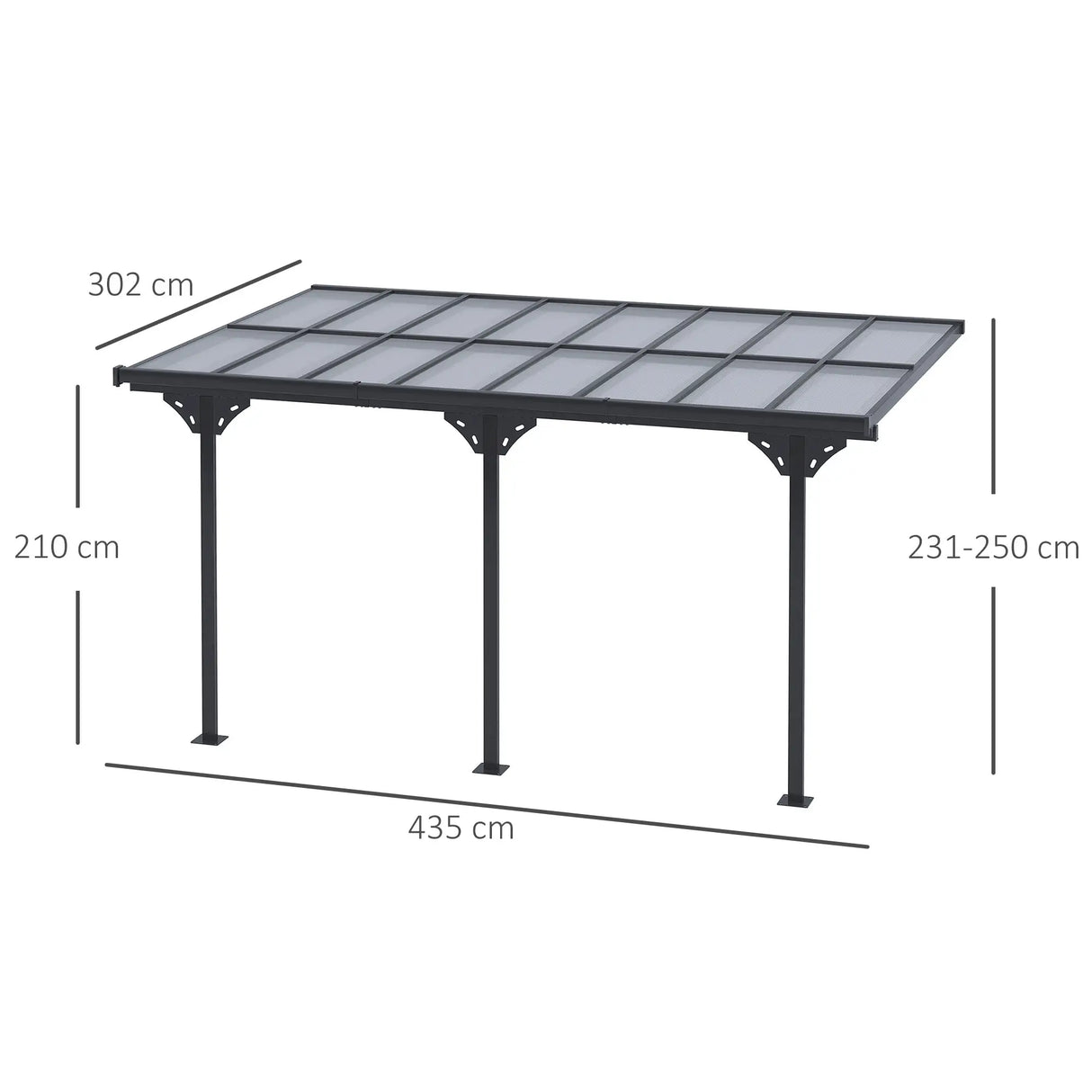 4.35m x 3m Wall Mounted Pergola with Retractable Canopy, Aluminium Frame & Polycarbonate Roof – Grey Patio Cover