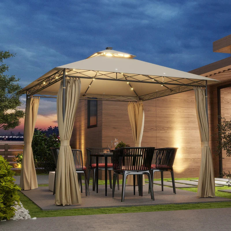 3m x 3m Beige Garden Gazebo with Double Roof, Metal Frame, Curtains & Solar-Powered LED Lights - Outdoor Canopy Shelter for Patio & Decking