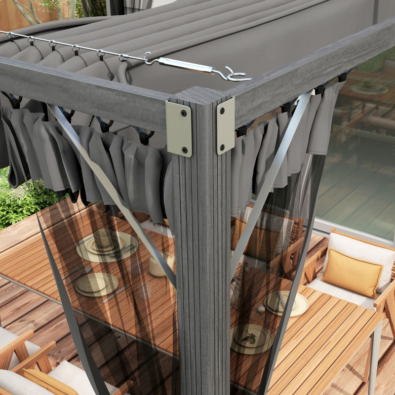 3m x 3m Aluminium Pergola – Dark Grey Retractable Canopy Roof with Mesh Curtains, Outdoor Patio Garden Shelter + Ground Fixings