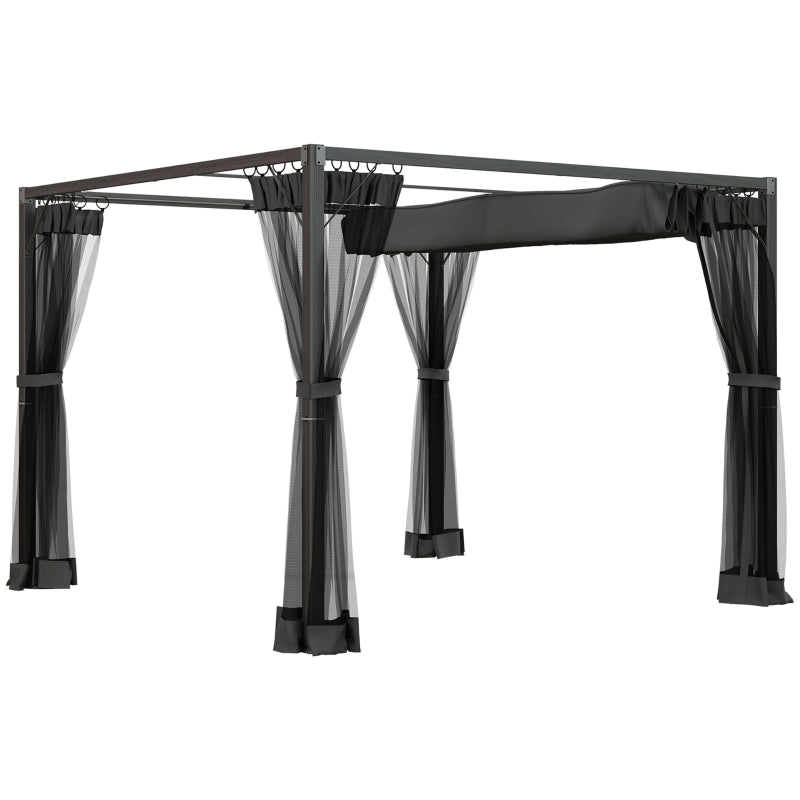 3m x 3m Aluminium Pergola – Dark Grey Retractable Canopy Roof with Mesh Curtains, Outdoor Patio Garden Shelter + Ground Fixings
