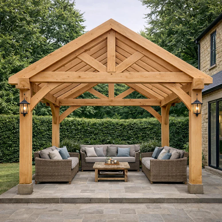 Oak Apex Gazebo with Treated Featheredge Roof and Overhang