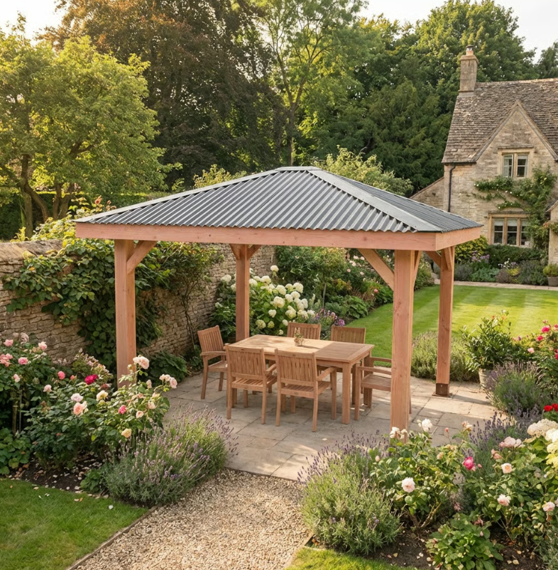 Planed Larch 4 Pitch Pergola with Metal Corrugated Roof β Heavy-Duty Garden Shelter