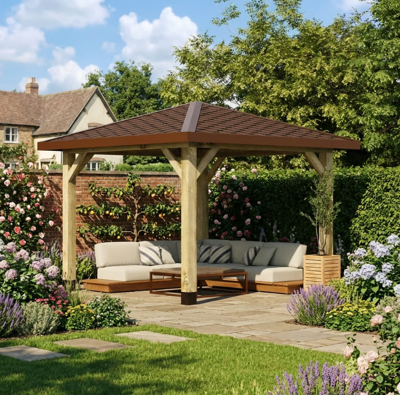 Wooden 4 Pitch Gazebo with Katepal Brown Shingle Roof - High Quality Weatherproof Garden Gazebo