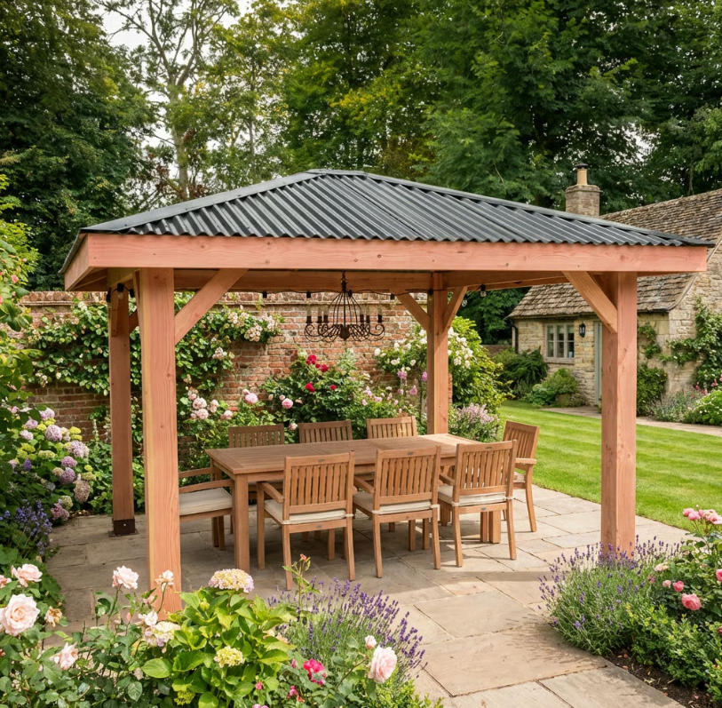 Planed Larch 4 Pitch Pergola with Metal Corrugated Roof β Heavy-Duty Garden Shelter