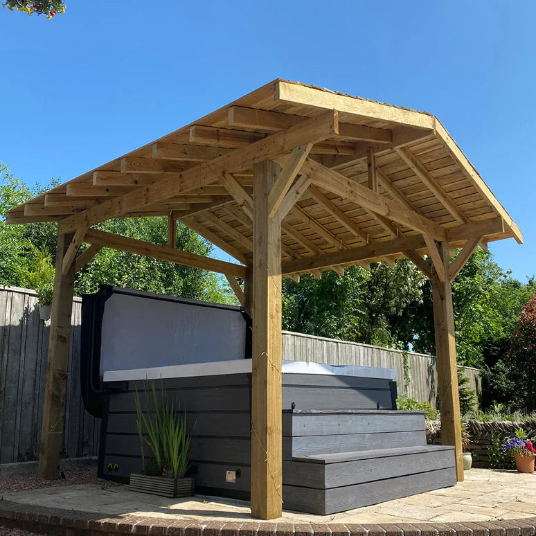 Wooden Apex Gazebo with Cedar Shingle Roof – With Overhang Design