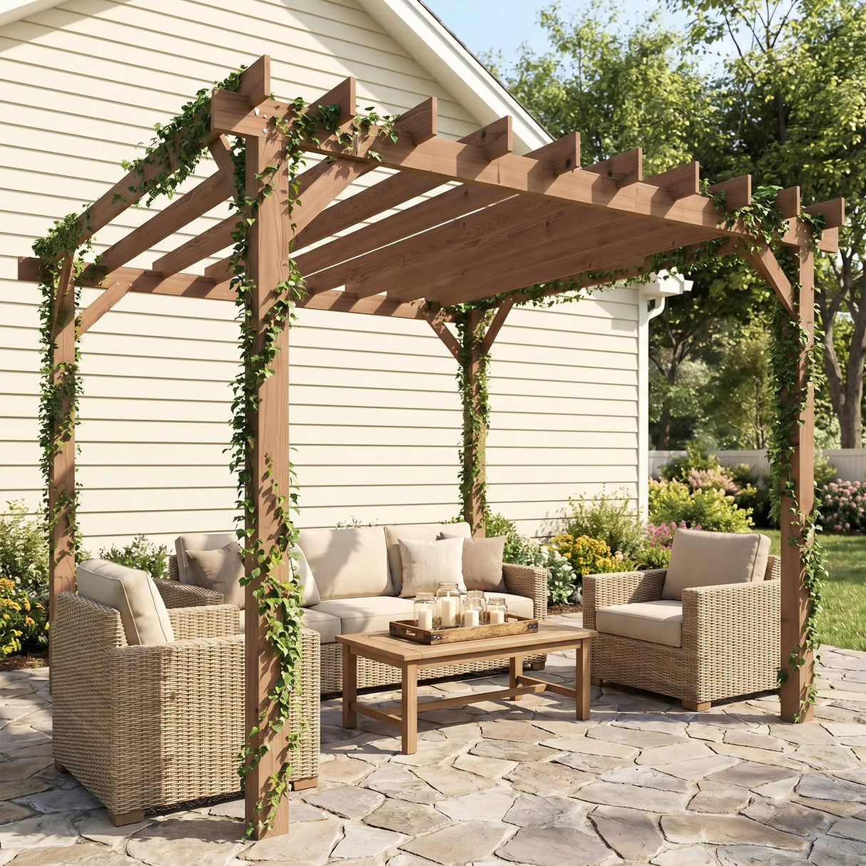 3m x 3m Wooden Pergola Kit - Maple Wood-Effect Garden Pergola Gazebo with Grape Trellis Roof and Triangle Supports