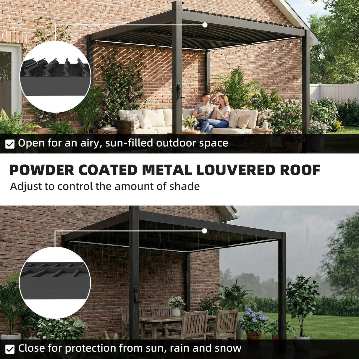 3x3m Black Louvered Pergola with Solar LED Lighting, Waterproof Metal Roof & Built-In Drainage System for Garden Patio