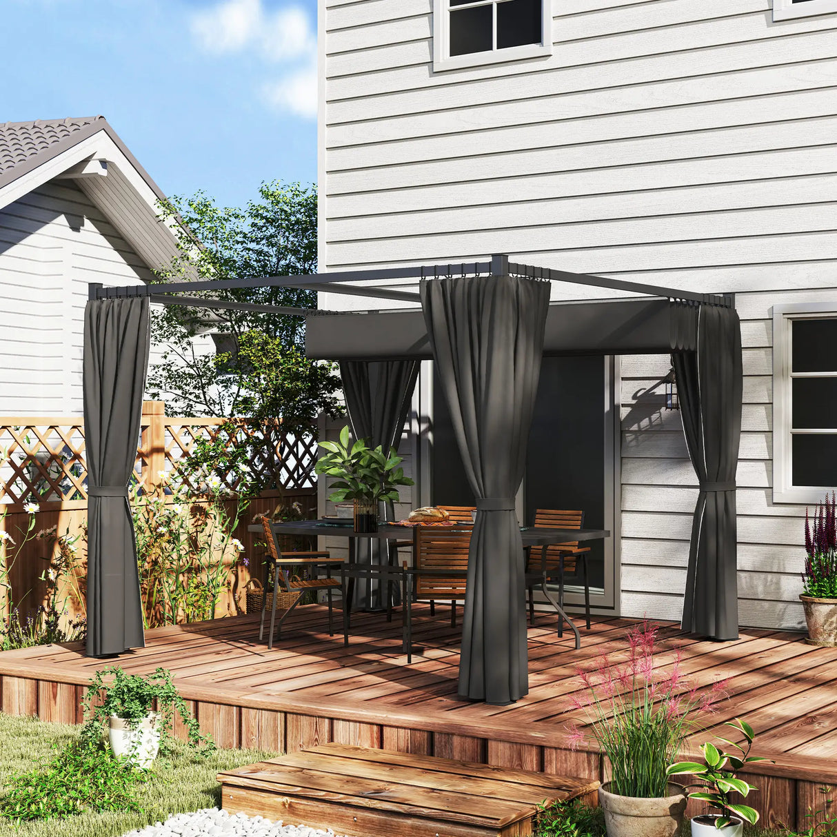 3m x 3m Retractable Pergola with Curtains – Charcoal Patio Shelter