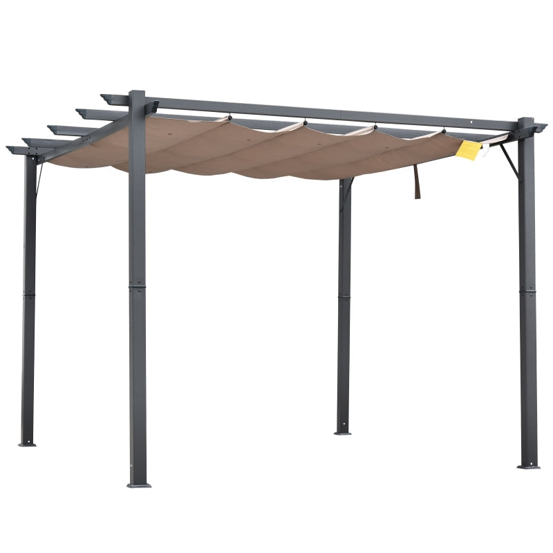 3m x 3m Aluminium Pergola – Brown Retractable Canopy Roof with Pulley System, UV & Water Resistant Garden Shade Shelter with Drainage Grommets