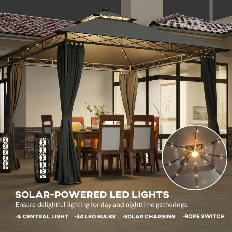 3 x 3 m Dark Grey Garden Gazebo with Double Roof, Curtains & Solar-Powered LED Lights - Outdoor Canopy Shelter for Patio & Deck