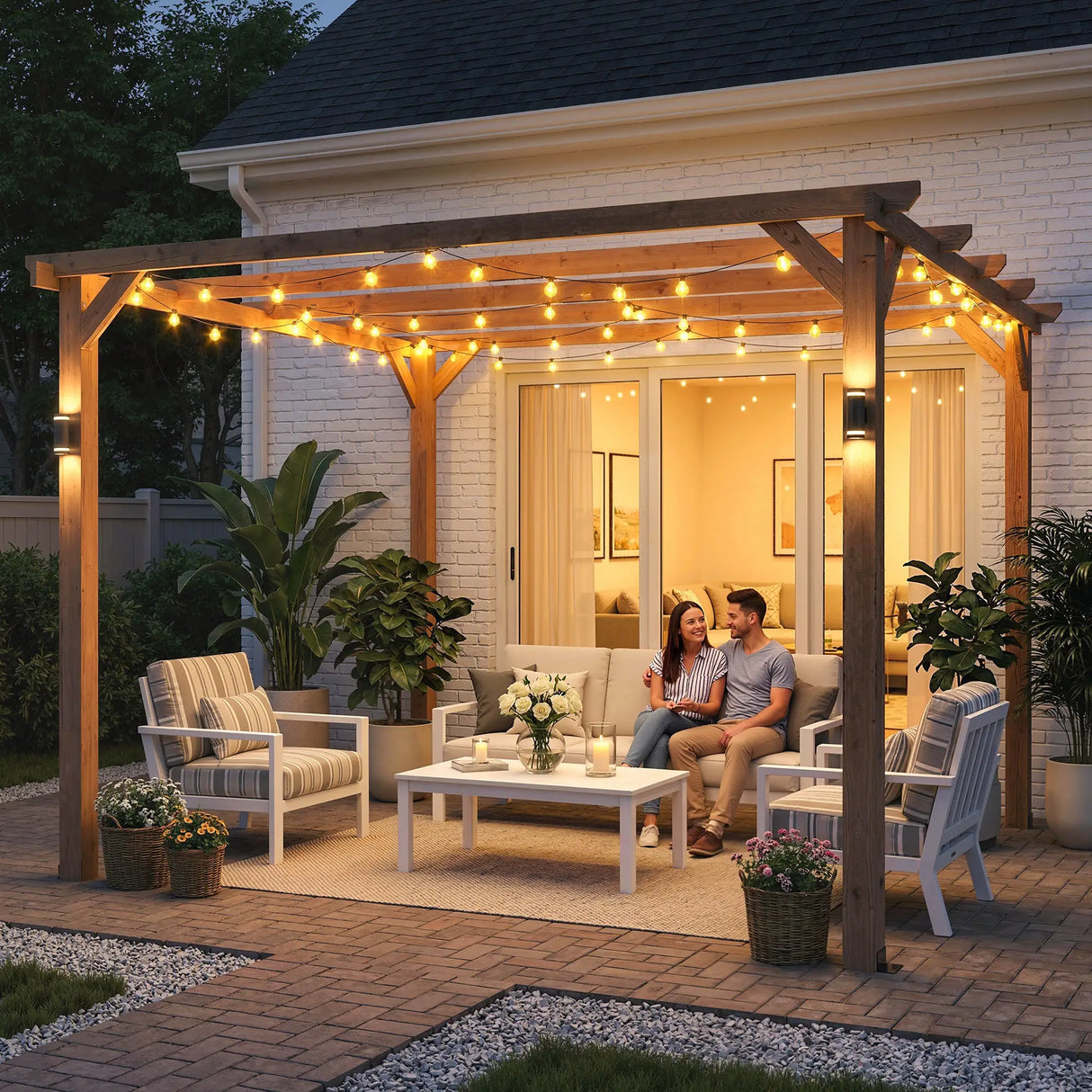 3x3m Wooden Pergola Kit with Triangle Supports – Garden Gazebo Grape Trellis Frame, 5-Beam Maple Wood-Effect Design