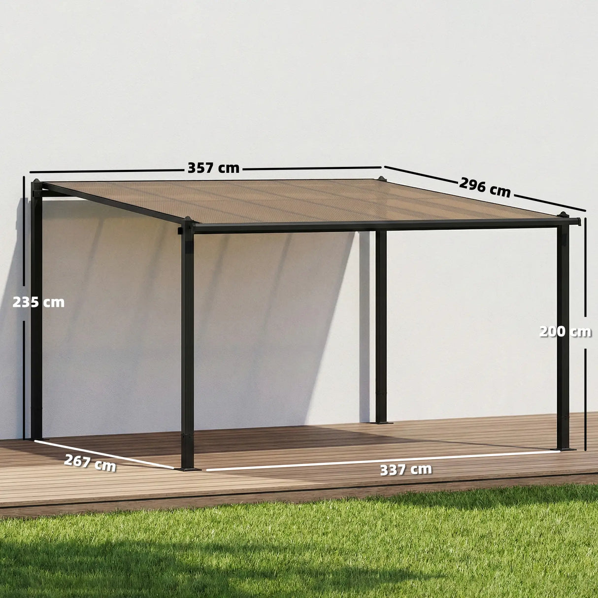 3.6m x 3m Lean-To Metal Pergola with Polycarbonate Hardtop Roof & Drainage Gutters – Aluminium Wall-Mounted Gazebo Patio Cover, Modern Outdoor Shelter, Dark Grey