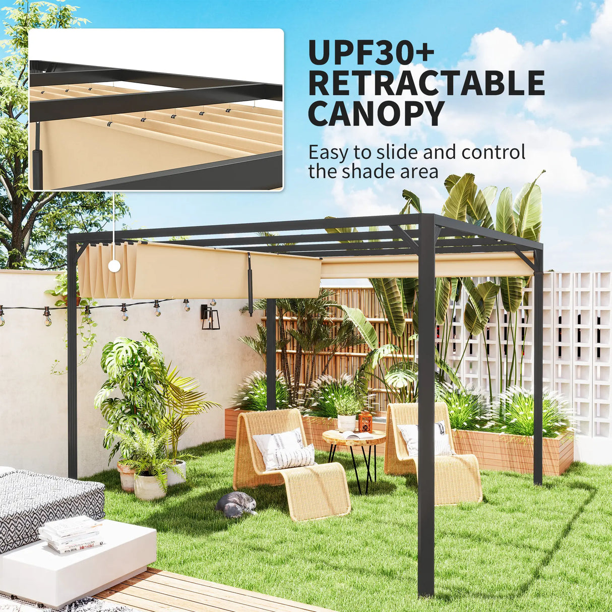 3m x 3m Aluminium Pergola – Khaki Retractable Roof with Side Wall, Outdoor Patio Shade Shelter
