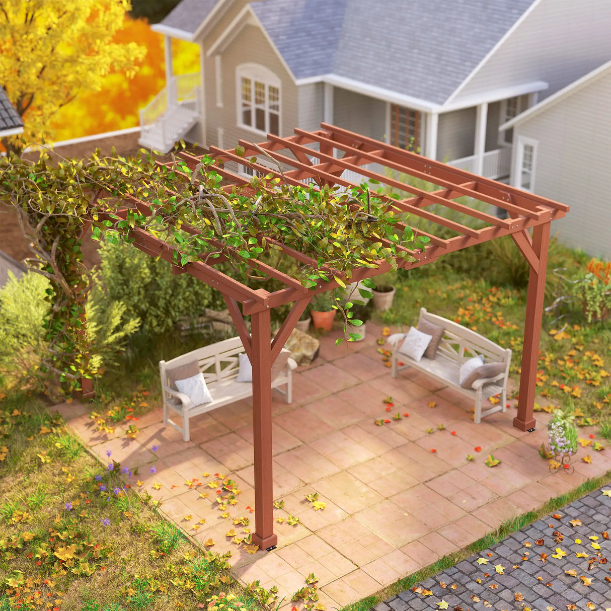 3.6m x 3m Wooden Pergola Kit - Maple Wood-Effect Garden Pergola with Grape Trellis Roof and Triangle Supports
