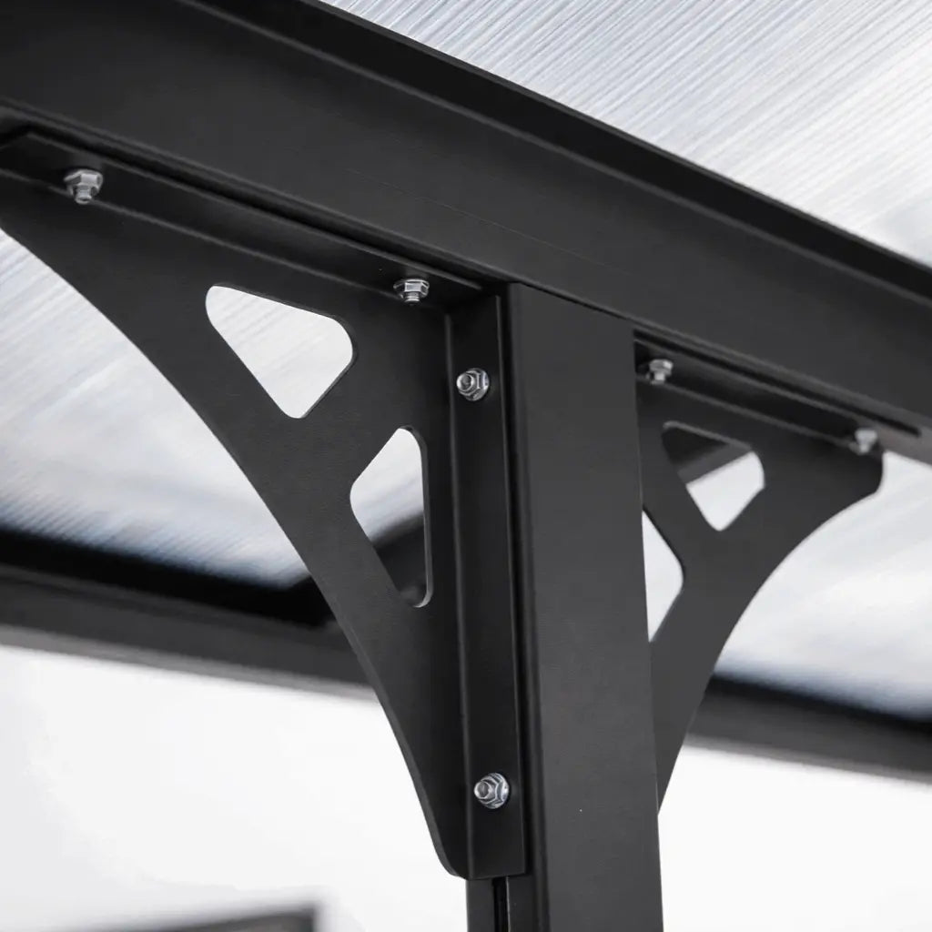 4.35m x 3m Wall Mounted Pergola with Retractable Canopy, Aluminium Frame & Polycarbonate Roof – Grey Patio Cover