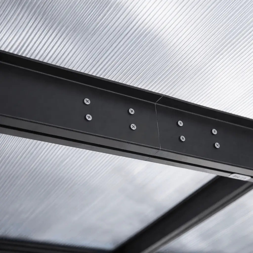 4.35m x 3m Wall Mounted Pergola with Retractable Canopy, Aluminium Frame & Polycarbonate Roof – Grey Patio Cover