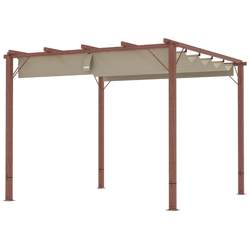 3m x 3m Retractable Roof Pergola – Natural Wood Effect Finish, Outdoor Garden Shade Canopy Shelter
