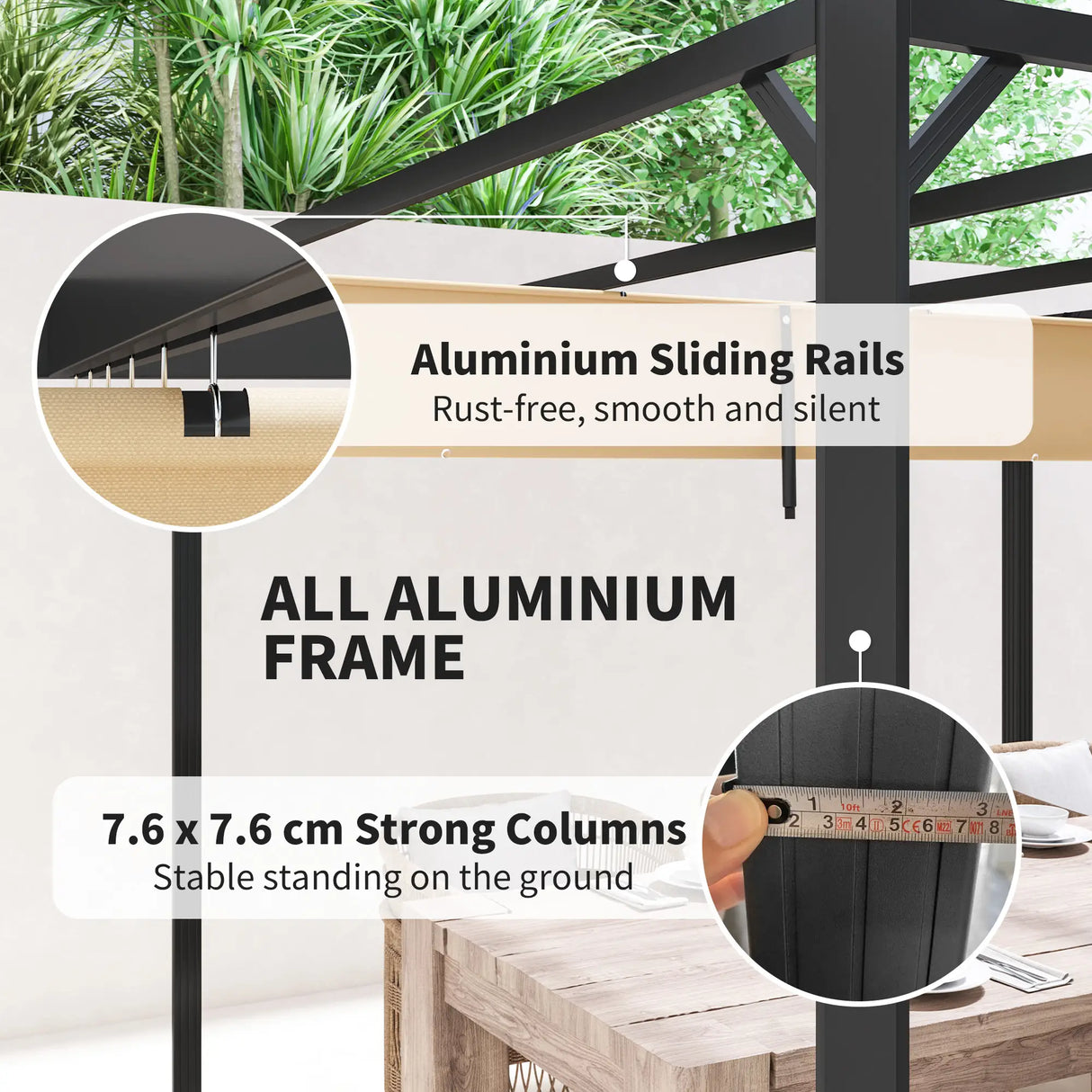 3m x 3m Aluminium Pergola – Khaki Retractable Roof with Side Wall, Outdoor Patio Shade Shelter