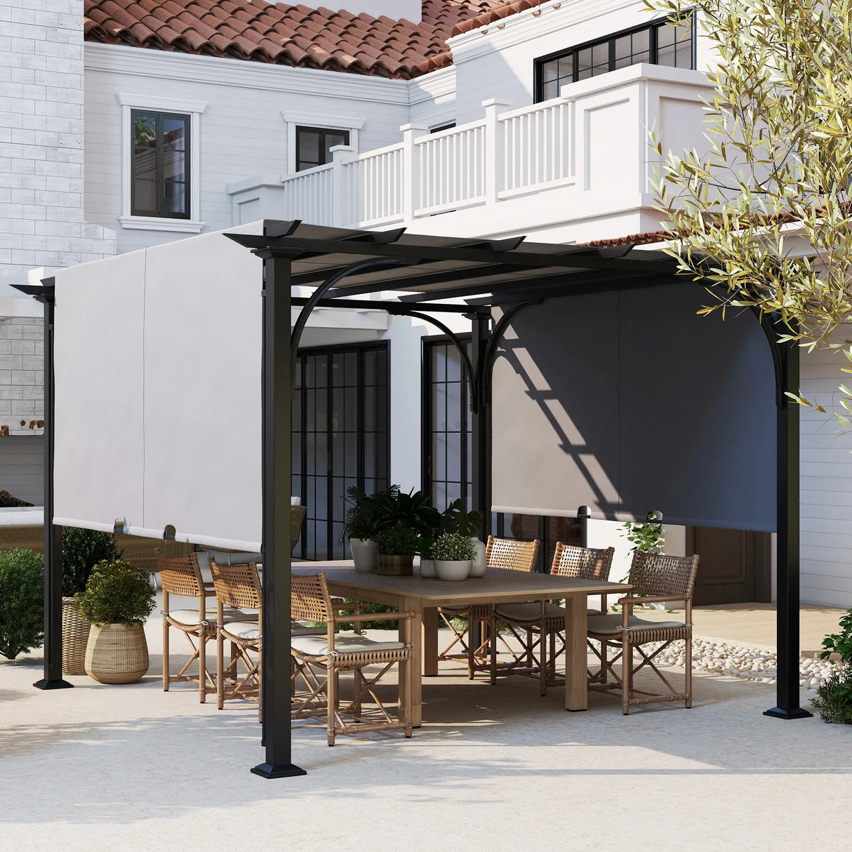 3m x 3m Metal Pergola With Side Panels and Adjustable Roof – Grey Frame Garden Shade Shelter