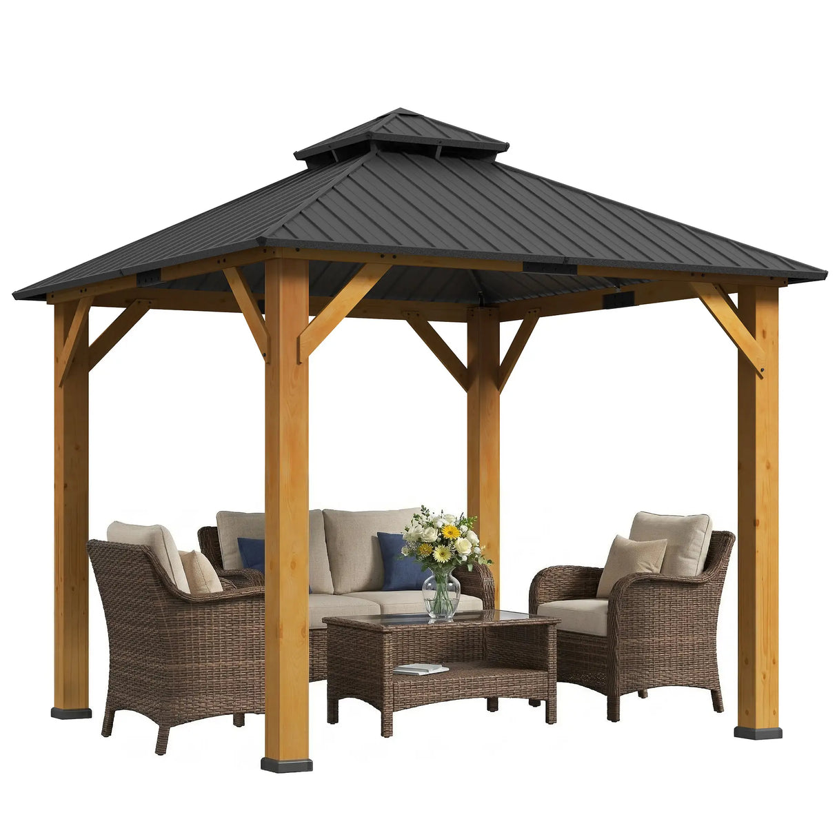 3x3M Wooden-Style Hardtop Gazebo with 2-Tier Galvanised Steel Roof, Aluminium Posts & Grey Outdoor Patio Canopy Shelter for Garden, Decking and Pergola Spaces