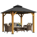 3x3M Wooden-Style Hardtop Gazebo with 2-Tier Galvanised Steel Roof, Aluminium Posts & Grey Outdoor Patio Canopy Shelter for Garden, Decking and Pergola Spaces