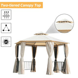 Beige 3m x 3m Hexagonal Gazebo With Curtains