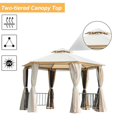 Beige 3m x 3m Hexagonal Gazebo With Curtains