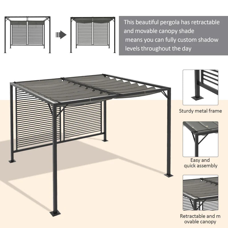 3m x 2.8m Metal Pergola – Grey Fabric Retractable Roof, Outdoor Patio Garden Shade Shelter