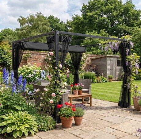 3m x 3m Aluminium Pergola – Dark Grey Retractable Canopy Roof with Mesh Curtains, Outdoor Patio Garden Shelter + Ground Fixings