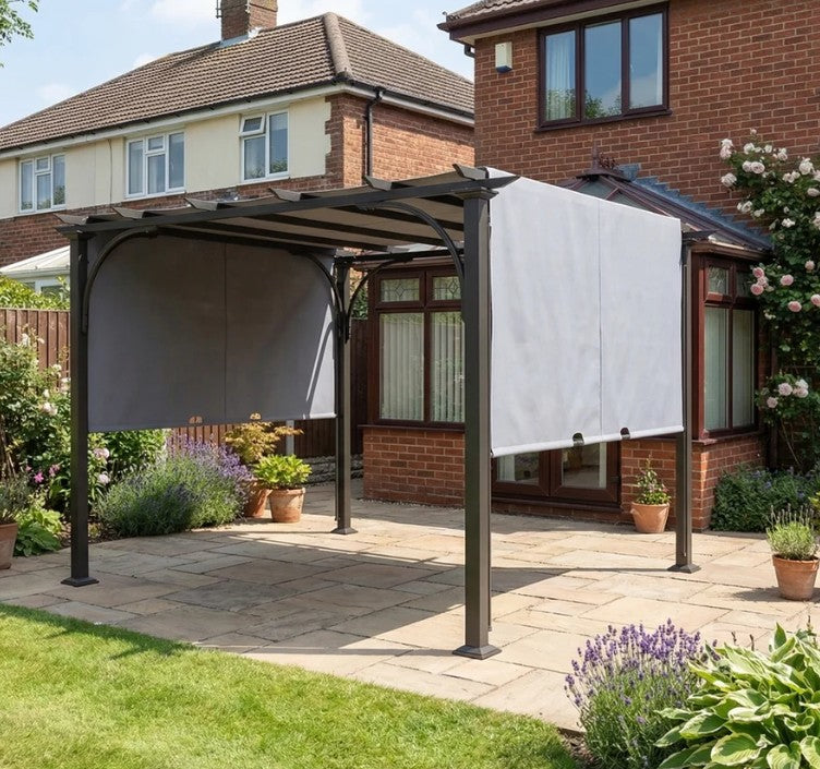 3m x 3m Metal Pergola With Side Panels and Adjustable Roof – Grey Frame Garden Shade Shelter