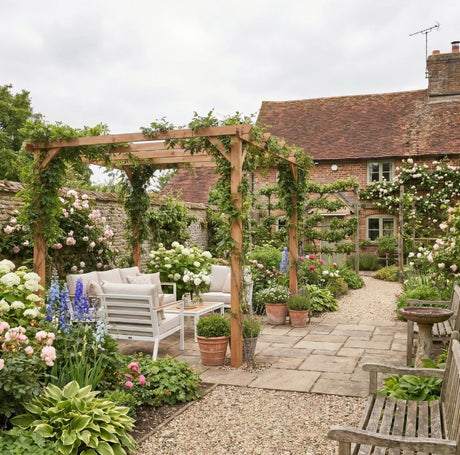 3x3m Wooden Pergola Kit with Triangle Supports – Garden Gazebo Grape Trellis Frame, 5-Beam Maple Wood-Effect Design