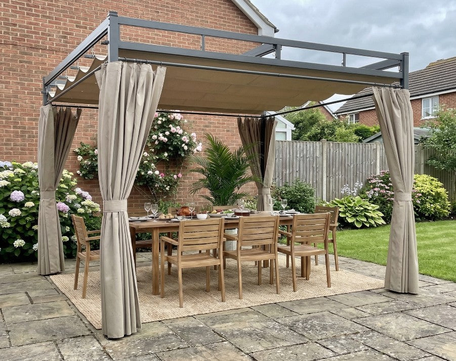 3m x 3m Beige Metal Pergola with Retractable Roof Canopy – UPF30+ Metal Garden Gazebo with Curtains, Outdoor Sun Shade Shelter in Khaki