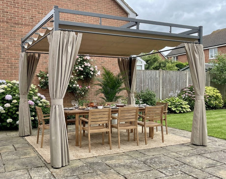 3m x 3m Beige Metal Pergola with Retractable Roof Canopy – UPF30+ Metal Garden Gazebo with Curtains, Outdoor Sun Shade Shelter in Khaki