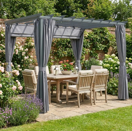 3.6m x 3m Aluminium Pergola – Retractable Roof & Curtains