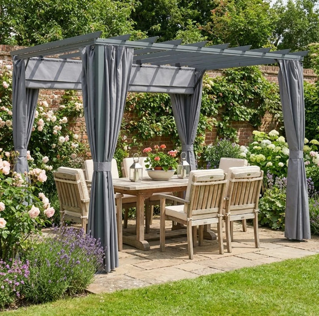 3.6m x 3m Aluminium Pergola – Retractable Roof & Curtains