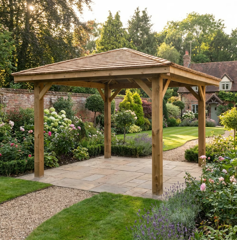 Wooden 4 Pitch Gazebo with Cedar Shingle Roof – Classic Garden Shelter