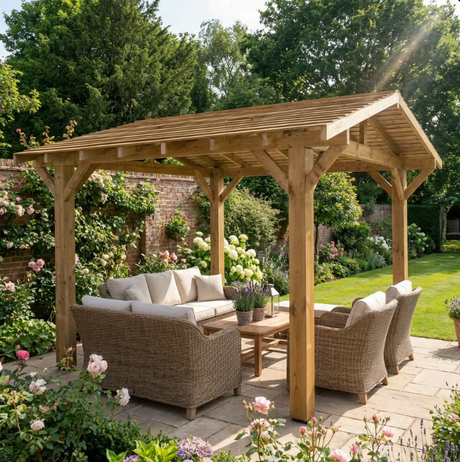 Wooden Apex Gazebo with Cedar Featheredge Roof – With Overhang Design
