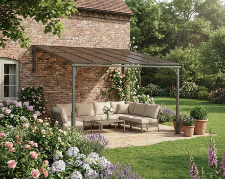 3.4m x 3m Wall-Mounted Lean-To Pergola with Polycarbonate Hardtop Roof – Heavy Duty Aluminium Garden Gazebo, Weather-Resistant Patio & BBQ Shelter, Modern Brown