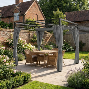 3m x 3m Pergola with Retractable Roof Canopy – UPF30+ Garden Gazebo with Curtains, Heavy-Duty Metal Frame Outdoor Sun Shade in Dark Grey