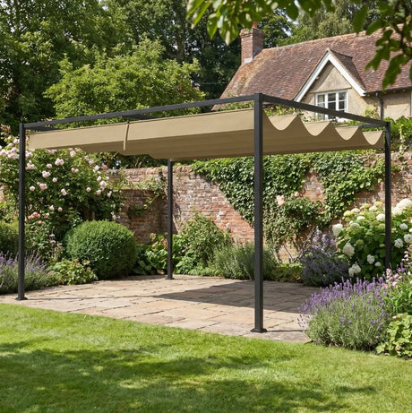 4m x 3m Metal Garden Pergola – Khaki Outdoor Shade Canopy