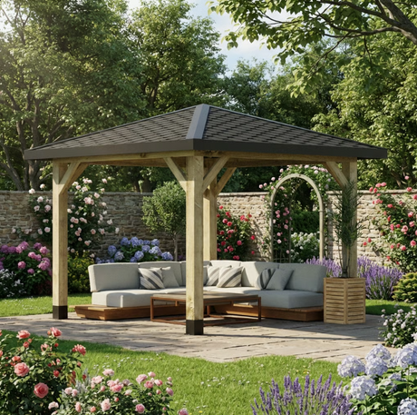 Heavy Duty Wooden Gazebo with Katepal Black Shingle Roof – 4 Pitch Garden Design