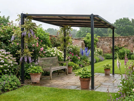 3.6m x 3m Lean-To Metal Pergola with Polycarbonate Hardtop Roof & Drainage Gutters – Aluminium Wall-Mounted Gazebo Patio Cover, Modern Outdoor Shelter, Dark Grey