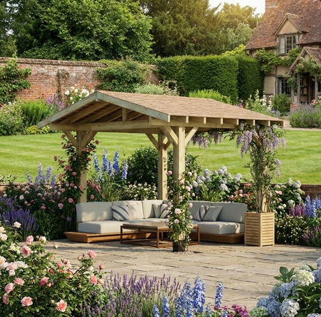 Wooden Apex Gazebo with Cedar Shingle Roof – With Overhang Design