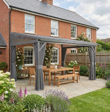 4.3m x 3m Lean-To Pergola with Galvanised Steel Roof – Wall-Mounted Garden Gazebo with Netting & Curtains, Heavy-Duty Outdoor Canopy in Dark Grey
