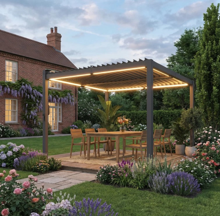 3x3m Black Louvered Pergola with Solar LED Lighting, Waterproof Metal Roof & Built-In Drainage System for Garden Patio