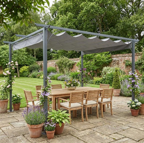 3.5m x 3.5m Grey Metal Pergola Gazebo with Retractable Canopy – Outdoor Garden Sun Shade Shelter