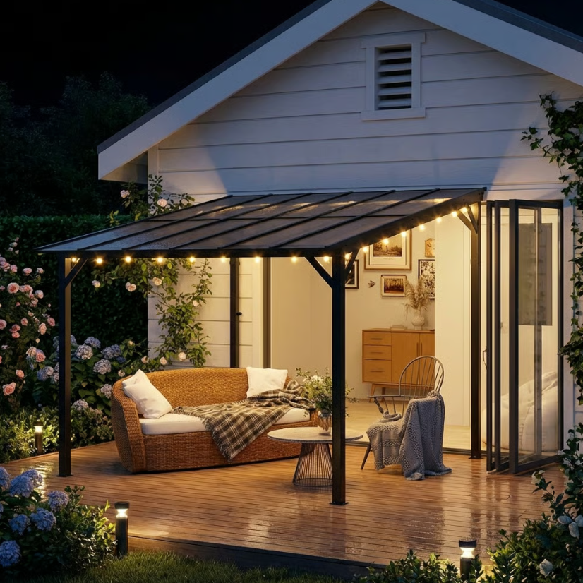 3m x 3m Metal Pergola – Dark Grey Waterproof Polycarbonate Roof UPF50+, Wall Mounted or Freestanding Garden Gazebo, Wind Resistant Sun Shelter